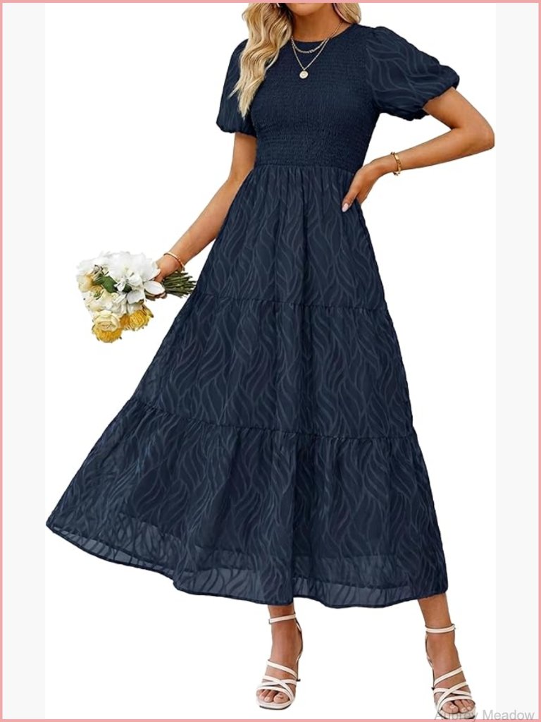 Flowy Chiffon Midi Dress Smocked Crewneck Short Sleeve A-Line Tiered Wedding